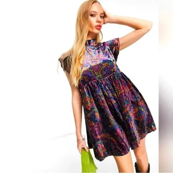 Free People Sz S All the Time Velvet Mini Dress in Dark Night Combo Boho Sexy - Picture 3 of 16